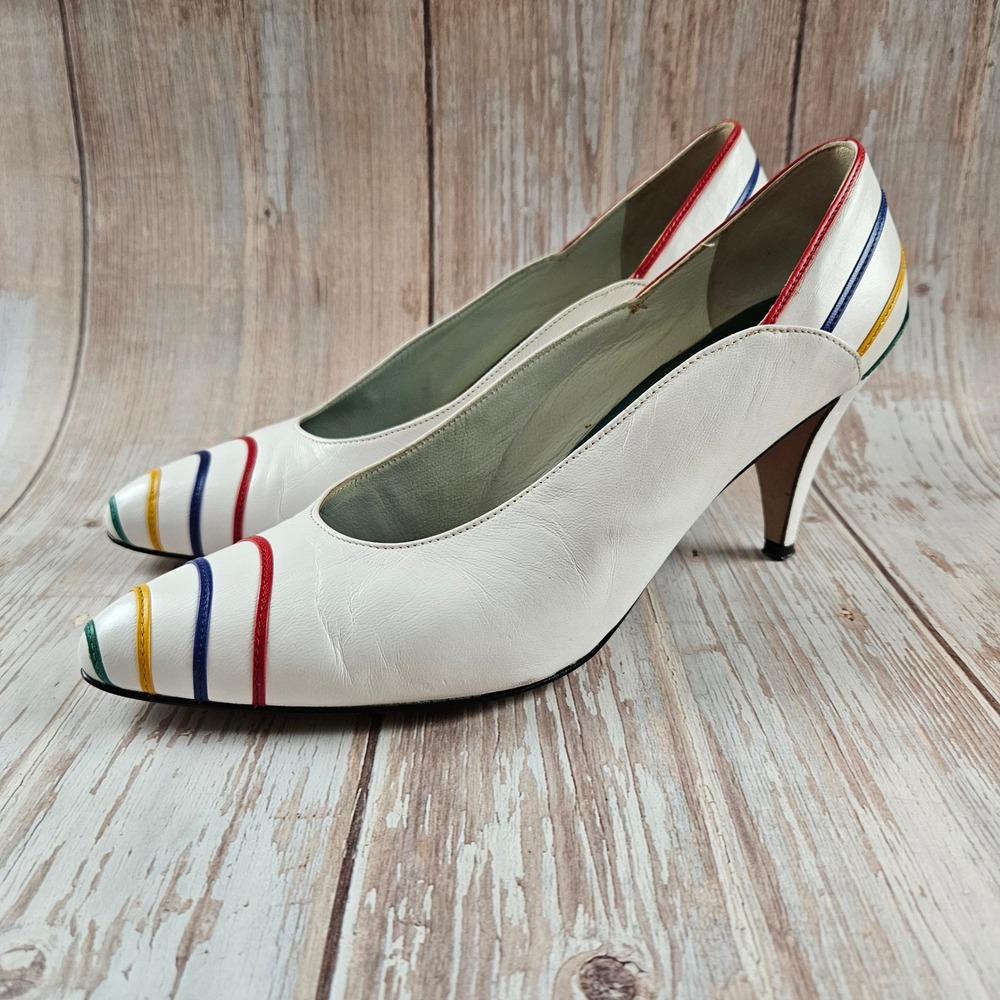 Anne Klein vintage‎ 80's leather heels pumps stripes colorful, size 7m